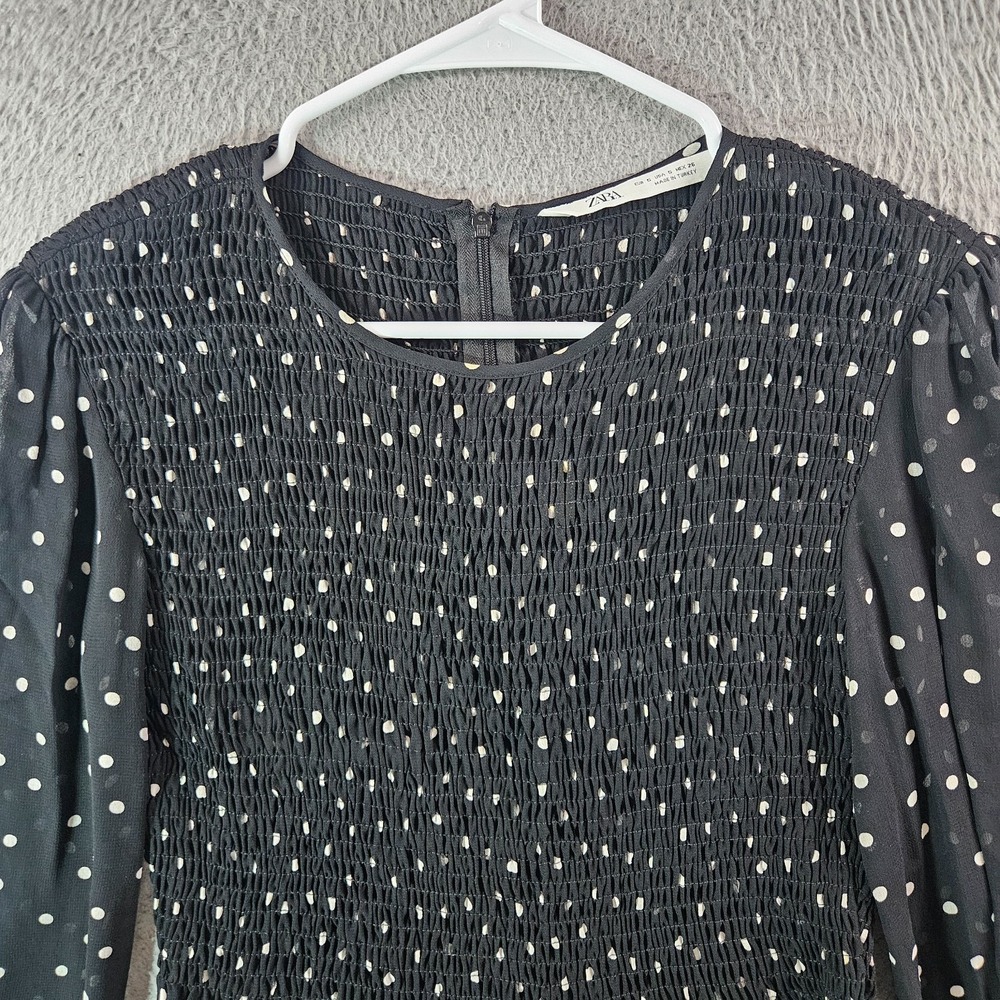 Zara Top Blouse Women Small Long Sleeve Elastic Fitted Polka Dot Black - Picture 3 of 9